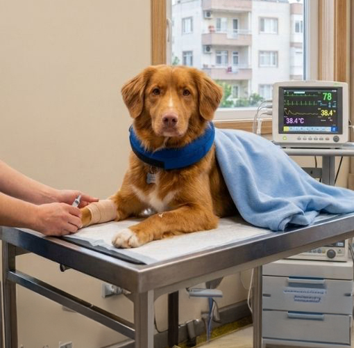 Muayene masasında hayati bulguları monitörle izlenen köpek