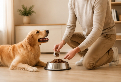 Köpeğine mama veren sahibi — beslenme danışmanlığı