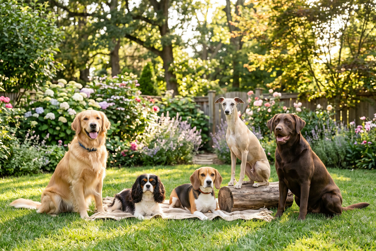 Bahçede köpek sağlığı ve bakımı: çimenlikte oturan golden retriever, cavalier king charles spaniel, beagle, tazı ve labrador